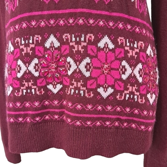 Talbots Pink Lambswool Womens Fair isle knit Crew Neck Beaded crystal sweater M - Picture 12 of 16
